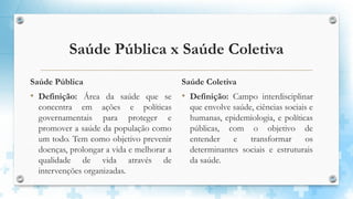 Saúde Pública x Saúde Coletiva
Saúde Pública
• Definição: Área da saúde que se
concentra em ações e políticas
governamentais para proteger e
promover a saúde da população como
um todo. Tem como objetivo prevenir
doenças, prolongar a vida e melhorar a
qualidade de vida através de
intervenções organizadas.
Saúde Coletiva
• Definição: Campo interdisciplinar
que envolve saúde, ciências sociais e
humanas, epidemiologia, e políticas
públicas, com o objetivo de
entender e transformar os
determinantes sociais e estruturais
da saúde.
 