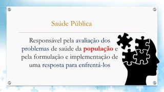 Saúde Pública
Responsável pela avaliação dos
problemas de saúde da população e
pela formulação e implementação de
uma resposta para enfrentá-los
 