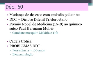 Déc. 60
• Mudança de descaso com emissão poluentes
• DDT – Dicloro Difenil Tricloroetano
• Prêmio Nobel de Medicina (1948) ao químico
suíço Paul Hermann Muller
▫ Combate mosquito Malária e Tifo
• Cadeia trófica
• PROBLEMAS DDT
▫ Persistência > 100 anos
▫ Bioacumulação
 