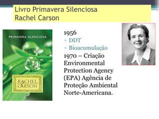 Livro Primavera Silenciosa
Rachel Carson
• 1956
▫ DDT
▫ Bioacumulação
• 1970 – Criação
Environmental
Protection Agency
(EPA) Agência de
Proteção Ambiental
Norte-Americana.
 
