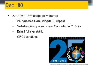 Déc. 80
• Set 1987 –Protocolo de Montreal
• 24 países e Comunidade Européia
• Substâncias que reduzem Camada de Ozônio
• Brasil foi signatário
CFCs e halons
http://ozone.unep.org/Events/25_anniversary/25%20years%20Ozone%20logo.png
 