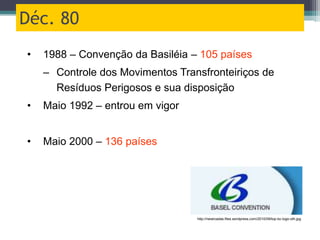 Déc. 80
• 1988 – Convenção da Basiléia – 105 países
– Controle dos Movimentos Transfronteiriços de
Resíduos Perigosos e sua disposição
• Maio 1992 – entrou em vigor
• Maio 2000 – 136 países
http://neiarcadas.files.wordpress.com/2010/09/top-bc-logo-oth.jpg
 