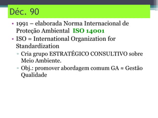 Déc. 90
• 1991 – elaborada Norma Internacional de
Proteção Ambiental ISO 14001
• ISO = International Organization for
Standardization
▫ Cria grupo ESTRATÉGICO CONSULTIVO sobre
Meio Ambiente.
▫ Obj.: promover abordagem comum GA ≈ Gestão
Qualidade
 
