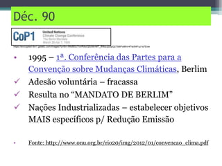 Déc. 90
• 1995 – 1ª. Conferência das Partes para a
Convenção sobre Mudanças Climáticas, Berlim
 Adesão voluntária – fracassa
 Resulta no “MANDATO DE BERLIM”
 Nações Industrializadas – estabelecer objetivos
MAIS específicos p/ Redução Emissão
• Fonte: http://www.onu.org.br/rio20/img/2012/01/convencao_clima.pdf
https://encrypted-tbn1.gstatic.com/images?q=tbn:ANd9GcTvivRdorQ0cMmMT_8I9ozJpUpQ2Ti06Po8Km4TlsiX4Fuz1e7Eow
 