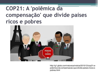 COP21: A 'polêmica da
compensação' que divide países
ricos e pobres
http://g1.globo.com/natureza/noticia/2015/12/cop21-a-
polemica-da-compensacao-que-divide-paises-ricos-e-
pobres.html
 