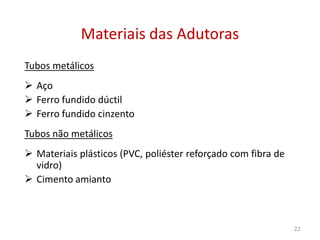 Tubos metálicos
 Aço
 Ferro fundido dúctil
 Ferro fundido cinzento
Materiais das AdutorasMateriais das Adutoras
Tubos não metálicos
 Materiais plásticos (PVC, poliéster reforçado com fibra de
vidro)
 Cimento amianto
22
 