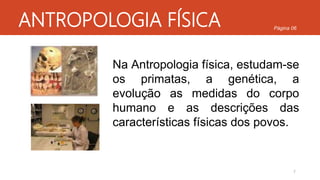 ANTROPOLOGIA FÍSICA
Na Antropologia física, estudam-se
os primatas, a genética, a
evolução as medidas do corpo
humano e as descrições das
características físicas dos povos.
7
Página 06
 
