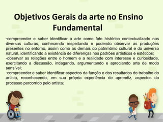 Objetivos Gerais da arte no Ensino
Fundamental
-compreender e saber identificar a arte como fato histórico contextualizado nas
diversas culturas, conhecendo respeitando e podendo observar as produções
presentes no entorno, assim como as demais do patrimônio cultural e do universo
natural, identificando a existência de diferenças nos padrões artísticos e estéticos;
-observar as relações entre o homem e a realidade com interesse e curiosidade,
exercitando a discussão, indagando, argumentando e apreciando arte de modo
sensível;
-compreender e saber identificar aspectos da função e dos resultados do trabalho do
artista, reconhecendo, em sua própria experiência de aprendiz, aspectos do
processo percorrido pelo artista;

Fonte: SIAE

 