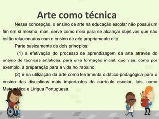 Arte como técnica
Nessa concepção, o ensino de arte na educação escolar não possui um
fim em si mesmo, mas, serve como meio para se alcançar objetivos que não
estão relacionados com o ensino de arte propriamente dito.
Parte basicamente de dois princípios:
(1) a efetivação do processo de aprendizagem da arte através do
ensino de técnicas artísticas, para uma formação inicial, que visa, como por
exemplo, à preparação para a vida no trabalho;
(2) e na utilização da arte como ferramenta didático-pedagógica para o
ensino das disciplinas mais importantes do currículo escolar, tais, como
Matemática e Língua Portuguesa.

Fonte: SIAE

 