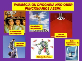 FARMÁCIA OU DROGARIA NÃO QUER
        FUNCIONARIOS ASSIM:




                    Retrabalho,
                    desperdício
Colaborador
desmotivado                                         Falta de
                                                 planejamento

                                                                  Baixa
     Sem visão                                              disseminação de
     de futuro...                                            informações...




                          Atitudes Reativas...
 