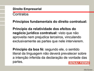 Direito Empresarial
Júlio Pyramo
Contratos
Princípios fundamentais do direito contratual:
Princípio da relatividade dos efeitos do
negócio jurídico contratual: visto que não
aproveita nem prejudica terceiros, vinculando
exclusivamente as partes que nele intervierem.
Princípio da boa fé: segundo ele, o sentido
literal da linguagem não deverá prevalecer sobre
a intenção inferida da declaração de vontade das
partes.
 