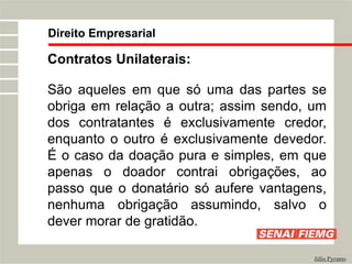 Direito Empresarial
Júlio Pyramo
Contratos Unilaterais:
São aqueles em que só uma das partes se
obriga em relação a outra; assim sendo, um
dos contratantes é exclusivamente credor,
enquanto o outro é exclusivamente devedor.
É o caso da doação pura e simples, em que
apenas o doador contrai obrigações, ao
passo que o donatário só aufere vantagens,
nenhuma obrigação assumindo, salvo o
dever morar de gratidão.
 