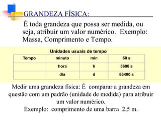 GRANDEZA FÍSICA:
É toda grandeza que possa ser medida, ou
seja, atribuir um valor numérico. Exemplo:
Massa, Comprimento e Tempo.
Unidades usuais de tempo
Tempo minuto min 60 s
hora h 3600 s
dia d 86400 s
Medir uma grandeza física: É comparar a grandeza em
questão com um padrão (unidade de medida) para atribuir
um valor numérico.
Exemplo: comprimento de uma barra 2,5 m.
 