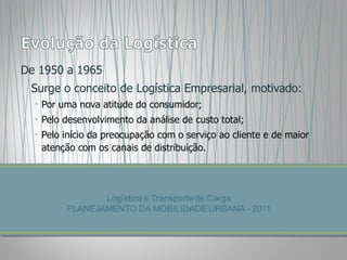 De 1950 a 1965 Surge o conceito de Logística Empresarial, motivado: Por uma nova atitude do consumidor; Pelo desenvolvimento da análise de custo total; Pelo início da preocupação com o serviço ao cliente e de maior atenção com os canais de distribuição. 