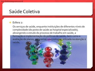 Saúde Coletiva
 Esfera 2:
Os serviços de saúde, enquanto instituições de diferentes níveis de
complexidade (do posto de saúde ao hospital especializado),
abrangendo o estudo do processo de trabalho em saúde, a
formação e implementação de políticas de saúde, bem como a
avaliação de planos, programas e tecnologias utilizada na atenção à
saúde;
http://tstbiosseguranca.es.tl/
 