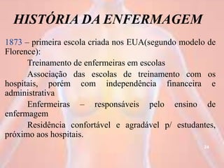 HISTÓRIA DA ENFERMAGEM
1873 – primeira escola criada nos EUA(segundo modelo de
Florence):
Treinamento de enfermeiras em escolas
Associação das escolas de treinamento com os
hospitais, porém com independência financeira e
administrativa
Enfermeiras – responsáveis pelo ensino de
enfermagem
Residência confortável e agradável p/ estudantes,
próximo aos hospitais.
24
 