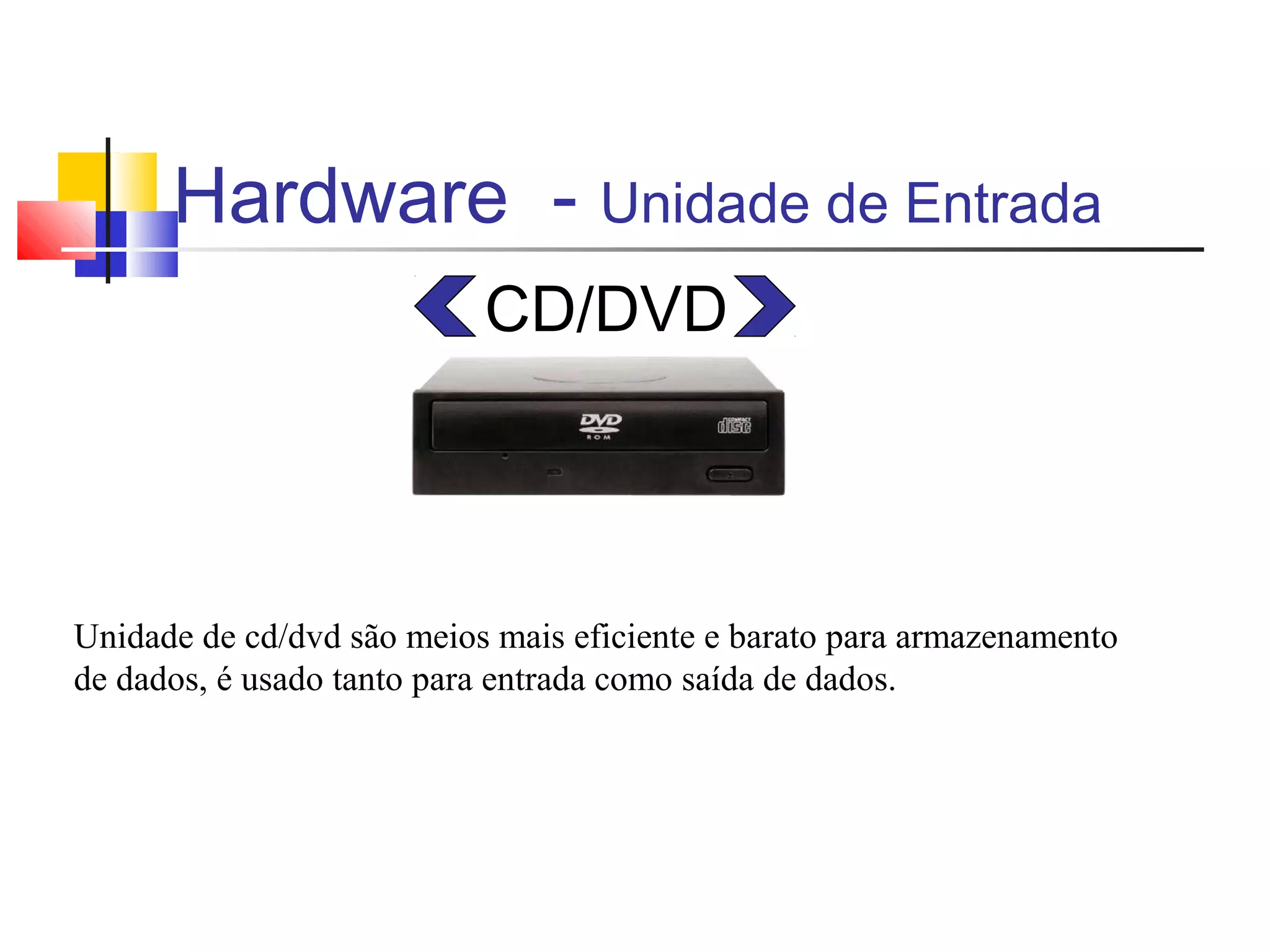 Hardware - Unidade de Entrada 
CD/DVD 
Unidade de cd/dvd são meios mais eficiente e barato para armazenamento 
de dados, é usado tanto para entrada como saída de dados. 
 