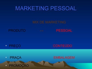 MARKETING PESSOALMARKETING PESSOAL
MIX DE MARKETING
PRODUTO ↔ PESSOAL
• PREÇO CONTEÚDO
• PRAÇA EMBALAGEM
• PROMOÇÃO
 