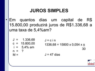 • Em quantos dias um capital de R$
15.800,00 produzirá juros de R$1.336,68 a
uma taxa de 5,4%am?
JUROS SIMPLES
J =
c =
i =
n =
M =
1.336,68
15.800,00
5,4% am
?
J = c i n
1336,68 = 15800 x 0,054 x n.
30
J = 47 dias
 