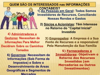 QUEM SÃO OS INTERESSADOS nas INFORMAÇÕES
CONTÁBEIS?
1) As Pessoas em Geral: Todos Somos
Investidores de Recursos, Conciliando
Nossas Rendas e Gastos
2) Sócios e Acionistas: Têm Interesse
no Retorno do “Capital Inicial”
Investido
3) Empregados: A Empresa é a Sua
Fonte de Recursos e a responsável
Pela Manutenção da Sua Família
4) Administradores e
Gestores: Necessitam de
Informações Para Melhor
Decidirem Sobre os Caminhos
Tomados 5) Fornecedores e
Investidores: Objetivam o
Retorno dos Recursos
Investidos (em
Mercadorias ou Outros
Investimentos)
6) Governos: Necessitam de
Informações (Sob Forma de
Impostos) e Sobre o
Desenvolvimento de Áreas
Geográficas e Segmentos de
 