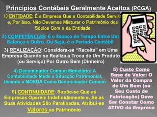 Princípios Contábeis Geralmente Aceitos (PCGA)
1) ENTIDADE: É a Empresa Que a Contabilidade Servirá
e, Por Isso, Não Devemos Misturar o Patrimônio dos
Sócios Com o da Entidade
2) COMPETÊNCIAS: É o Espaço de Tempo Entre Um
Balanço e Outro. Ou Seja, é o Período Contábil
3) REALIZAÇÃO: Considera-se “Receita” em Uma
Empresa Quando se Realiza a Troca de Um Produto
(ou Serviço) Por Outro Bem (Dinheiro)
5) Custo Como
Base de Valor: O
Valor da Compra
de Um Bem (ou
Seu Custo de
Fabricação) Deve
Ser Constar Como
ATIVO da Empresa
4) Denominador Comum Monetário: A
Contabilidade Mede a Situação Patrimonial,
Usando a MOEDA Como Denominador Comum
6) CONTINUIDADE: Supõe-se Que as
Empresas Operem Indefinidamente e, Se as
Suas Atividades São Paralisadas, Atribui-se
Valores ao Patrimônio
 