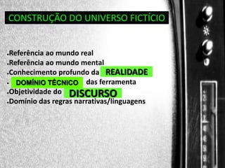 CONSTRUÇÃO DO UNIVERSO FICTÍCIO

Referência ao mundo real
●Referência ao mundo mental
REALIDADE
●Conhecimento profundo da realidade
●
DOMÍNIO TÉCNICO das ferramenta
●Objetividade do
DISCURSO
●Domínio das regras narrativas/linguagens
●

 