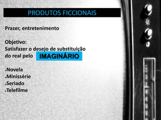 PRODUTOS FICCIONAIS
Prazer, entretenimento

Objetivo:
Satisfazer o desejo de substituição
do real pelo IMAGINÁRIO
Novela
●Minissérie
●Seriado
●Telefilme
●

 