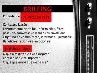BRIEFING

DIREÇÃO DE PROGRAMAS
Entendendo

O PRODUTO

Contextualização
Levantamento de dados, informações, fatos,
pesquisa, conversas com todos os envolvidos
Objetivos de comunicação, informar ou persuadir
Benefícios racionais e emocionais

público-alvo
O que o motiva? O que o inspira?
Com o que ele se importa?
O que queremos que ele pense?

 