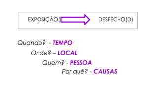 EXPOSIÇÃO(E) DESFECHO(D)
Quando? - TEMPO
Onde? – LOCAL
Quem? - PESSOA
Por quê? - CAUSAS
 