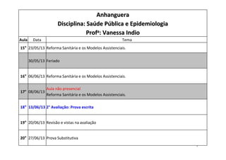 4
Feriado30/05/13
AnhangueraAnhanguera
Disciplina: SaDisciplina: Saúúde Pde Púública e Epidemiologiablica e Epidemiologia
ProfProfaa: Vanessa: Vanessa IndioIndio
Aula Data Tema
15° 23/05/13 Reforma Sanitária e os Modelos Assistenciais.
16° 06/06/13 Reforma Sanitária e os Modelos Assistenciais.
17° 08/06/13
Aula não presencial
Reforma Sanitária e os Modelos Assistenciais.
18° 13/06/13 2° Avaliação: Prova escrita
19° 20/06/13 Revisão e vistas na avaliação
20° 27/06/13 Prova Substitutiva
 
