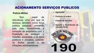 ACIONAMENTO SERVIÇOS PUBLICOS
Polícia Militar
Tem papel de
relevância, uma vez que se
destaca, também, como força
pública estadual, primando
pelo zelo, honestidade e
correção de propósitos com a
finalidade de proteger o
cidadão, sociedade e os bens
públicos e privados, coibindo
os ilícitos penais e as
infrações administrativas.
 Agressões
 Controle da ordem
 Colisão de Veículos
 Suporte a Ocorrências de
natureza Ilícita
 