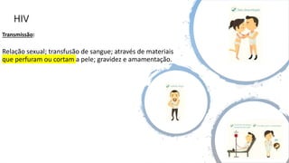 HIV
Transmissão:
Relação sexual; transfusão de sangue; através de materiais
que perfuram ou cortam a pele; gravidez e amamentação.
 