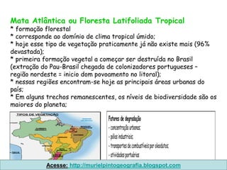 Mata Atlântica ou Floresta Latifoliada Tropical
* formação florestal
* corresponde ao domínio de clima tropical úmido;
* hoje esse tipo de vegetação praticamente já não existe mais (96%
devastada);
* primeira formação vegetal a começar ser destruída no Brasil
(extração do Pau-Brasil chegada de colonizadores portugueses –
região nordeste = inicio dom povoamento no litoral);
* nessas regiões encontram-se hoje as principais áreas urbanas do
país;
* Em alguns trechos remanescentes, os níveis de biodiversidade são os
maiores do planeta;

                                  Fatores de degradação
                                  - concentração urbanas;
                                  - pólos industriais;
                                  - transportes de combustíveis por oleodutos;
                                  - atividades portuárias
            Acesse: http://murielpintogeografia.blogspot.com
 