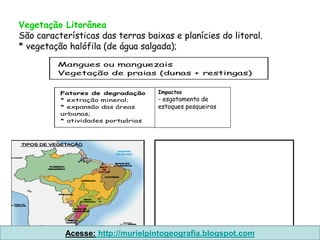 Vegetação Litorânea
São características das terras baixas e planícies do litoral.
* vegetação halófila (de água salgada);
         Mangues ou manguezais
         Vegetação de praias (dunas + restingas)


          Fatores de degradação     Impactos
          * extração mineral;       - esgotamento de
          * expansão das áreas      estoques pesqueiros
          urbanas;
          * atividades portuárias




           Acesse: http://murielpintogeografia.blogspot.com
 