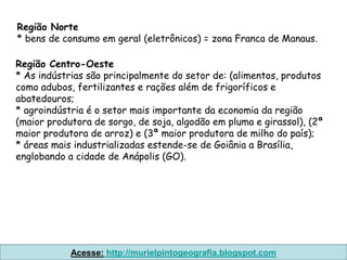 Região Norte
* bens de consumo em geral (eletrônicos) = zona Franca de Manaus.

Região Centro-Oeste
* As indústrias são principalmente do setor de: (alimentos, produtos
como adubos, fertilizantes e rações além de frigoríficos e
abatedouros;
* agroindústria é o setor mais importante da economia da região
(maior produtora de sorgo, de soja, algodão em pluma e girassol), (2ª
maior produtora de arroz) e (3ª maior produtora de milho do país);
* áreas mais industrializadas estende-se de Goiânia a Brasília,
englobando a cidade de Anápolis (GO).




            Acesse: http://murielpintogeografia.blogspot.com
 