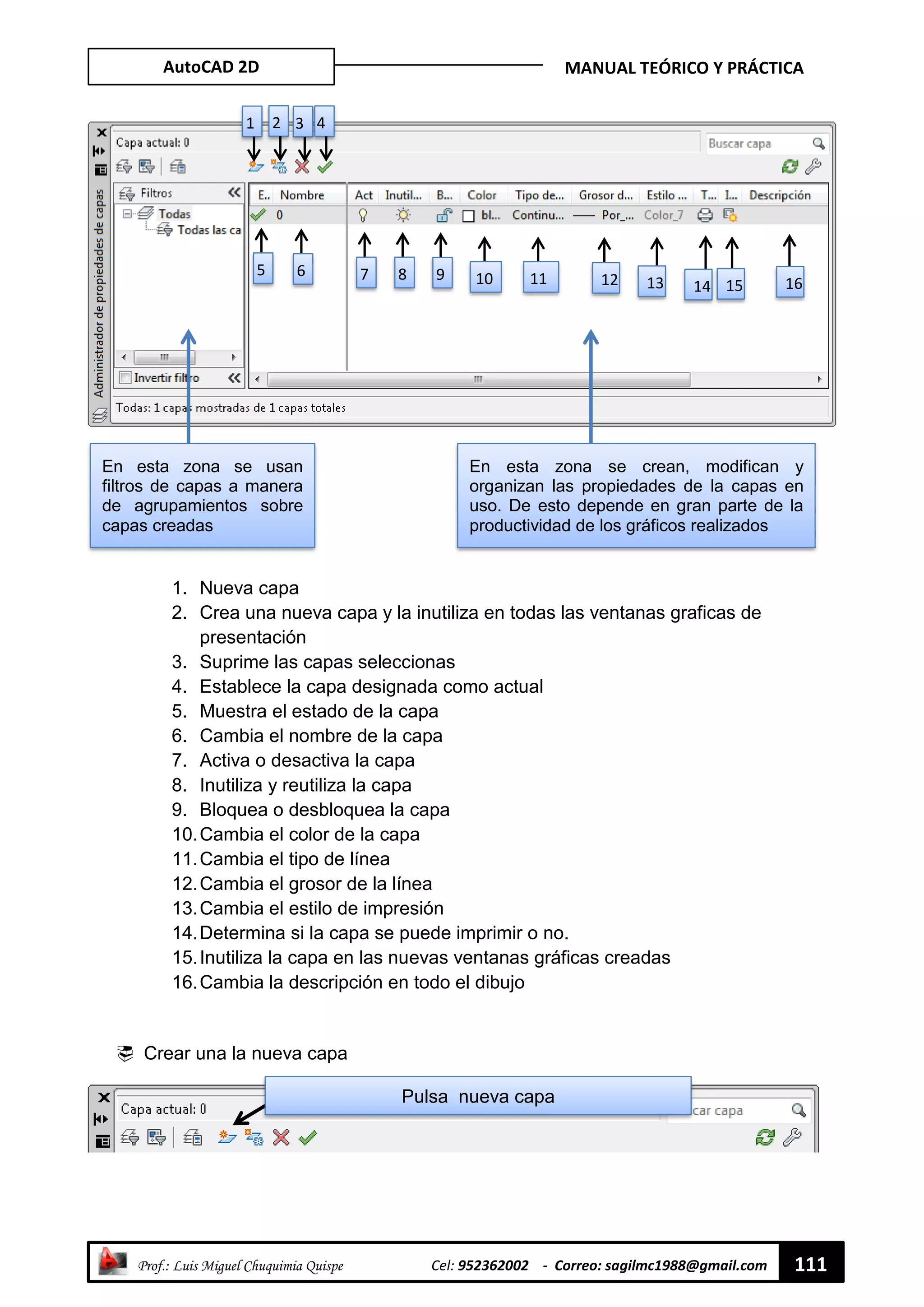 AutoCAD 2D MANUAL TEÓRICO Y PRÁCTICA
“ Prof.: Luis Miguel Chuquimia Quispe Cel: 952362002 - Correo: sagilmc1988@gmail.com 111
1. Nueva capa
2. Crea una nueva capa y la inutiliza en todas las ventanas graficas de
presentación
3. Suprime las capas seleccionas
4. Establece la capa designada como actual
5. Muestra el estado de la capa
6. Cambia el nombre de la capa
7. Activa o desactiva la capa
8. Inutiliza y reutiliza la capa
9. Bloquea o desbloquea la capa
10.Cambia el color de la capa
11.Cambia el tipo de línea
12.Cambia el grosor de la línea
13.Cambia el estilo de impresión
14.Determina si la capa se puede imprimir o no.
15.Inutiliza la capa en las nuevas ventanas gráficas creadas
16.Cambia la descripción en todo el dibujo
 Crear una la nueva capa
1 2 3 4
5 6 7 8 9 10 11 12 13 14 15 16
En esta zona se usan
filtros de capas a manera
de agrupamientos sobre
capas creadas
En esta zona se crean, modifican y
organizan las propiedades de la capas en
uso. De esto depende en gran parte de la
productividad de los gráficos realizados
Pulsa nueva capa
 