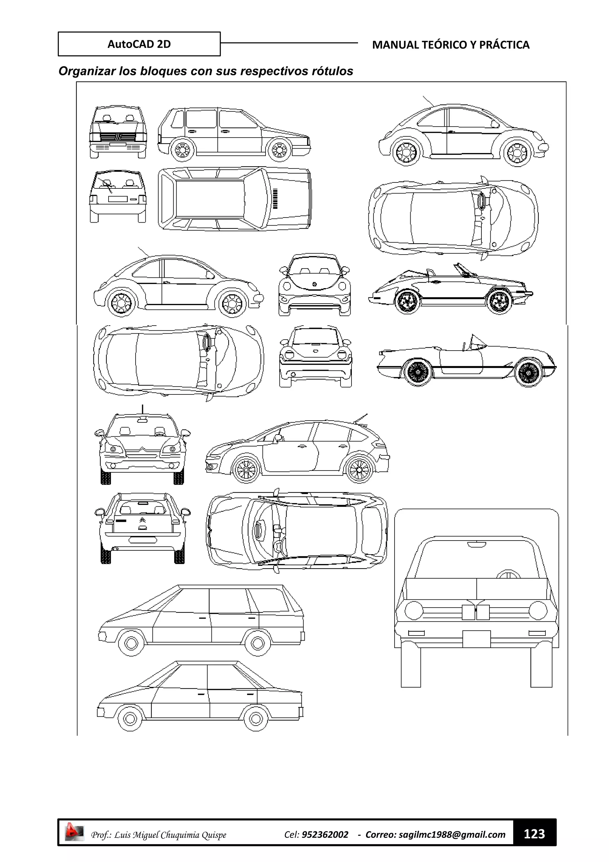 AutoCAD 2D MANUAL TEÓRICO Y PRÁCTICA
“ Prof.: Luis Miguel Chuquimia Quispe Cel: 952362002 - Correo: sagilmc1988@gmail.com 123
Organizar los bloques con sus respectivos rótulos
 