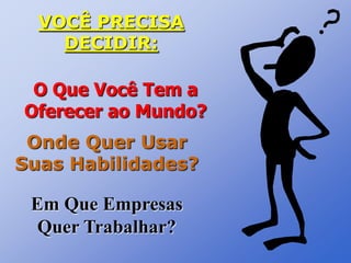 VOCÊ PRECISA
DECIDIR:

O Que Você Tem a
Oferecer ao Mundo?
Onde Quer Usar
Suas Habilidades?

Em Que Empresas
Quer Trabalhar?

 