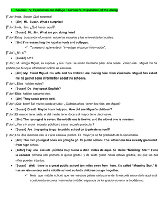 Sección IV. Explicación del diálogo / Section IV. Explanation of the dialog
[Tutor] Hola, Susan ¡Qué sorpresa!
 [Jim] Hi, Susan. What a surprise!
[Tutor] Hola, Jim. ¿Qué haces aquí?
 [Susan] Hi, Jim. What are you doing here?
[Tutor] Estoy buscando información sobre las escuelas y las universidades locales.
 [Jim] I’m researching the local schools and colleges.
 To research quiere decir “investigar o buscar información”.
[Tutor] ¿Ah sí?
 [Susan] Oh?
[Tutor] Mi amigo Miguel, su esposa y sus hijos se están mudando para acá desde Venezuela. Miguel me ha
pedido que busque información sobre las escuelas.
 [Jim] My friend Miguel, his wife and his children are moving here from Venezuela. Miguel has asked
me to gather some information about the schools.
[Tutor] ¿Ellos hablan inglés?
 [Susan] Do they speak English?
[Tutor] Ellos hablan bastante bien.
 [Jim] They speak pretty well.
[Tutor] ¡Qué bien! Tal vez te pueda ayudar. ¿Cuántos años tienen los hijos de Miguel?
 [Susan] Great! Maybe I can help you. How old are Miguel’s children?
[Tutor] El menor tiene siete, el del medio tiene doce y el mayor tiene diecinueve.
 [Jim] The youngest is seven, the middle one is twelve, and the oldest one is nineteen.
[Tutor] ¿Van a ir a una escuela pública o a una escuela particular?
 [Susan] Are they going to go to public school or to private school?
[Tutor] Los dos menores van a ir a la escuela pública. El mayor ya se ha graduado de la secundaria.
 [Jim] The two youngest ones are going to go to public school. The oldest one has already graduated
from high school.
 [Tutor] Hay una escuela pública muy buena a diez millas de aquí. Se llama “Morning Star.” Tiene
la escuela primaria (del primero al quinto grado) y de sexto grado hasta octavo grados, así que los dos
niños pueden ir juntos.
 [Susan] Well, there is a great public school ten miles away from here. It’s called “Morning Star.” It
has an elementary and a middle school, so both children can go together.
 Note que middle school, que en nuestros países sería parte de la escuela secundaria aquí está
considerada escuela intermedia (middle) separada de los grados noveno a duodécimo.
 