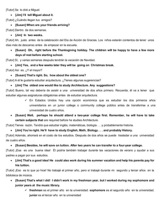 [Tutor] Se lo diré a Miguel.
 [Jim] I’ll tell Miguel about it.
[Tutor] ¿Cuándo llegan tus amigos?
 [Susan] When are your friends arriving?
[Tutor] Dentro de dos semanas.
 [Jim] In two weeks.
[Tutor] Ah, justo antes de la celebración del Día de Acción de Gracias. Los niños estarán contentos de tener unos
días más de descanso antes de empezar en la escuela.
 [Susan] Oh, right before the Thanksgiving holiday. The children will be happy to have a few more
days of rest before starting school.
[Tutor] Sí, y varias semanas después tendrán la vacación de Navidad.
 [Jim] Yes, and a few weeks later they will be going on Christmas break.
[Tutor] Así es. ¿Y el mayor?
 [Susan] That’s right. So, how about the oldest one?
[Tutor] A él le gustaría estudiar arquitectura. ¿Tienes algunas sugerencias?
 [Jim] The oldest one would like to study Architecture. Any suggestions?
[Tutor] Bueno, tal vez debería de asistir a una universidad de dos años primero. Recuerda, él va a tener que
estudiar algunas asignaturas obligatorias antes de estudiar arquitectura.
 En Estados Unidos hay una opción económica que es estudiar los dos primeros años
universitarios en un junior college o community college público antes de transferirse a una
universidad de cuatro años.
 [Susan] Well, perhaps he should attend a two-year college first. Remember, he will have to take
certain subjects that are required before he studies Architecture.
[Tutor] Tienes razón. Tendrá que estudiar inglés, matemáticas, biología . . .y probablemente historia.
 [Jim] You’re right. He’ll have to study English, Math, Biology . . . and probably History.
[Tutor] Además, ahorrará en el costo de los estudios. Después de dos años se puede trasladar a una universidad
de cuatro años.
 [Susan] Besides, he will save on tuition. After two years he can transfer to a four-year college.
[Tutor] ¡Esa es una buena idea! Él podría también trabajar durante las vacaciones de verano y ayudar a sus
padres a pagar por sus estudios.
 [Jim] That’s a good idea! He could also work during his summer vacation and help his parents pay for
his tuition.
[Tutor] ¡Eso es lo que yo hice! No trabajé el primer año, pero sí trabajé durante mi segundo y tercer años en la
biblioteca de música.
 [Susan] That’s what I did! I didn’t work in my freshman year, but I worked during my sophomore and
junior years at the music library.
 freshman es el primer año en la universidad. sophomore es el segundo año en la universidad.
junior es el tercer año en la universidad
 
