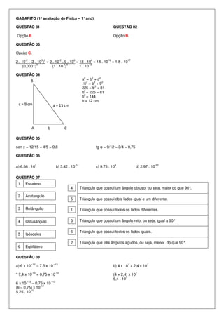 GABARITO (1ª avaliação de Física – 1° ano)

QUESTÃO 01                                                                         QUESTÃO 02

Opção E.                                                                           Opção B.

QUESTÃO 03

Opção C.
     -2                3 2               -2           6           4           16            17
2 . 10 . (3 . 10 ) = 2 . 10 . 9 . 10 = 18 . 10 = 18 . 10 = 1,8 . 10
             3                -4 3           -12
    (0,0001)           (1 . 10 )       1 . 10

QUESTÃO 04
                                                              2    2     2
            B                                                a =b +c
                                                                2   2   2
                                                             15 = b + 9
                                                                     2
                                                             225 = b + 81
                                                              2
                                                             b = 225 – 81
                                                              2
                                                             b = 144
                                                             b = 12 cm
 c = 9 cm                         a = 15 cm




            A                b                C

QUESTÃO 05

sen ɣ = 12/15 = 4/5 = 0,8                                              tg φ = 9/12 = 3/4 = 0,75

QUESTÃO 06

                7                                     -12                          9                           -23
a) 6,56 . 10                           b) 3,42 . 10                    c) 9,75 . 10                 d) 2,97 . 10

QUESTÃO 07
 1   Escaleno
                                                  4         Triângulo que possui um ângulo obtuso, ou seja, maior do que 90°.

 2   Acutangulo
                                                  5         Triângulo que possui dois lados igual e um diferente.

 3   Retângullo                                   1         Triângulo que possui todos os lados diferentes.


 4   Ostusângulo                                  3         Triângulo que possui um ângulo reto, ou seja, igual a 90°

                                                  6         Triângulo que possui todos os lados iguais.
 5   Isósceles

                                                  2         Triângulo que três ângulos agudos, ou seja, menor do que 90°.
 6   Eqüilátero

QUESTÃO 08
            –12                   –13                                                       7             7
a) 6 x 10           – 7,5 x 10                                                     b) 4 x 10 + 2,4 x 10
            -13                    -12                                                            7
* 7,4 x 10          = 0,75 x 10                                                    (4 + 2,4) x 10
                                                                                           7
                                                                                   6,4 . 10
      –12                        –12
6 x 10    – 0,75 x 10
               -12
(6 – 0,75) x 10
         -12
5,25 . 10
 