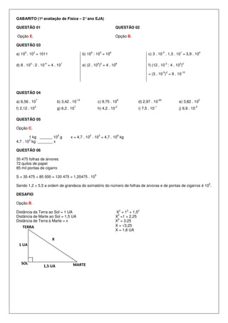 GABARITO (1ª avaliação de Física – 2° ano EJA)

QUESTÃO 01                                                                   QUESTÃO 02

Opção E.                                                                     Opção B.

QUESTÃO 03
     9       3                                         9        3     6                                           -3        7              4
a) 10 . 10 = 1011                                 b) 10 : 10 = 10                                  c) 3 . 10 . 1,3 . 10 = 3,9 . 10

         3           -4           7                            4 2           8                                         -2   3 2
d) 8 . 10 : 2 . 10 = 4 . 10                       e) (2 . 10 ) = 4 . 10                            f) (12 . 10 : 4 . 10 )
                                                                                                                  -5 2       -10
                                                                                                   = (3 . 10 ) = 9 . 10



QUESTÃO 04
                 7                          -12                              9                              -23                            2
a) 6,56 . 10                  b) 3,42 . 10                     c) 9,75 . 10                  d) 2,97 . 10                   e) 3,82 . 10
               4                        7                                 -2                           -1                             -5
f) 2,12 . 10                  g) 6,2 . 10                      h) 4,2 . 10                   i) 7,5 . 10                    j) 6,9 . 10

QUESTÃO 05

Opção C.
                              3                       3        3                 6
        1 kg ______ 10 g              x = 4,7 . 10 . 10 = 4,7 . 10 kg
         3
4,7 . 10 kg _______ x

QUESTÃO 06

35 475 folhas de árvores
72 quilos de papel
85 mil pontas de cigarro
                                                           5
S = 35 475 + 85 000 = 120 475 = 1,20475 . 10
                                                                                                                                               5
Sendo 1,2 < 5,5 a ordem de grandeza do somatório do número de folhas de arvoras e de pontas de cigarros é 10 .

DESAFIO

Opção B.
                                                                                     2   2   2
Distância da Terra ao Sol = 1 UA                                             X = 1 + 1,5
                                                                              2
Distância de Marte ao Sol = 1,5 UA                                           X =1 + 2,25
                                                                              2
Distância de Terra à Marte = x                                               X = 3,25
    TERRA                                                                    X = √3,25
                                                                             X = 1,8 UA

                          X
 1 UA



   SOL                                  MARTE
                     1,5 UA
 