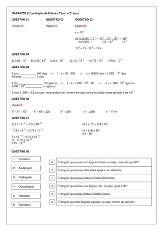 GABARITO (1ª avaliação de Física – Tipo I – 2° ano)

QUESTÃO 01                                QUESTÃO 02                QUESTÃO 03

Opção C.                                  Opção A.                  Opção B.
                                                                            -3
                                                                    x = 10
                                                                                           -1        -1        -3     -1            -5
                                                                    (0,1).(0,001).10 = 10 . 10 . 10                        = 10
                                                                                                -4                             -3
                                                                      10.(0,0001)        10 . 10                             10
                                                                      -2              -3
                                                                    10 = 10 . 10 = 10.x

QUESTÃO 04
              2                       4                 7                  -2                       -1                     -5
a) 3,82 . 10          b) 2,12 . 10          c) 6,2 . 10       d) 4,2 . 10            e) 7,5 . 10               f) 6,9 . 10

QUESTÃO 05
                                                                                                                           4
1 ano ___________ 365 dias                  →    1 . x = 30 . 356      →         x = 10950 dias = 1,095 . 10 dias
30 anos _________ x dias
                                                                                 4                                              5
1 dia ________________ 10 cigarros                    →     1 . n = 1,095 . 10 . 10             →         n = 1,.095 . 10 cigarros
          4
1,095 . 10 ___________ n cigarros
                                                                                                                                         5
Como 1,.095 < 5,5 a ordem de grandeza do número de cigarros consumidos neste período é de 10 .

QUESTÃO 06

Opção D.
 2    2           2      2                              2
x = 8 + 15              x = 64 + 225                   x = 289               x = √289                     x = 17 m

QUESTÃO 07
            –12                –13                                                         7               7
a) 6 x 10         – 7,5 x 10                                                b) 4 x 10 + 2,4 x 10
            -13                 -12                                                             7
* 7,4 x 10        = 0,75 x 10                                               (4 + 2,4) x 10
                                                                                    7
                                                                            6,4 . 10
      –12                    –12
6 x 10    – 0,75 x 10
               -12
(6 – 0,75) x 10
         -12
5,25 . 10


QUESTÃO 08

 1   Escaleno
                                             4       Triângulo que possui um ângulo obtuso, ou seja, maior do que 90°.

 2   Acutangulo
                                             5       Triângulo que possui dois lados igual e um diferente.

 3   Retângullo                              1       Triângulo que possui todos os lados diferentes.


 4   Ostusângulo                             3       Triângulo que possui um ângulo reto, ou seja, igual a 90°

                                             6       Triângulo que possui todos os lados iguais.
 5   Isósceles

                                             2       Triângulo que três ângulos agudos, ou seja, menor do que 90°.
 6   Eqüilátero
 
