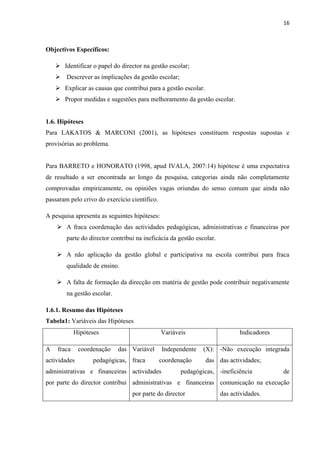 16
Objectivos Específicos:
 Identificar o papel do director na gestão escolar;
 Descrever as implicações da gestão escolar;
 Explicar as causas que contribui para a gestão escolar.
 Propor medidas e sugestões para melhoramento da gestão escolar.
1.6. Hipóteses
Para LAKATOS & MARCONI (2001), as hipóteses constituem respostas supostas e
provisórias ao problema.
Para BARRETO e HONORATO (1998, apud IVALA, 2007:14) hipótese é uma expectativa
de resultado a ser encontrada ao longo da pesquisa, categorias ainda não completamente
comprovadas empiricamente, ou opiniões vagas oriundas do senso comum que ainda não
passaram pelo crivo do exercício científico.
A pesquisa apresenta as seguintes hipóteses:
 A fraca coordenação das actividades pedagógicas, administrativas e financeiras por
parte do director contribui na ineficácia da gestão escolar.
 A não aplicação da gestão global e participativa na escola contribui para fraca
qualidade de ensino.
 A falta de formação da direcção em matéria de gestão pode contribuir negativamente
na gestão escolar.
1.6.1. Resumo das Hipóteses
Tabela1: Variáveis das Hipóteses
Hipóteses Variáveis Indicadores
A fraca coordenação das
actividades pedagógicas,
administrativas e financeiras
por parte do director contribui
Variável Independente (X):
fraca coordenação das
actividades pedagógicas,
administrativas e financeiras
por parte do director
-Não execução integrada
das actividades;
-ineficiência de
comunicação na execução
das actividades.
 