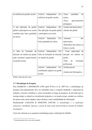 17
na ineficácia da gestão escolar. Variável Independente (Y):
ineficácia da gestão escolar.
-Fraca qualidade de
ensino.
-Fraco aproveitamento
pedagógico.
A não aplicação da gestão
global e participativa na escola
contribui para fraca qualidade
de ensino.
Variável Independente (X):
Não aplicação da gestão global
e participativa na escola.
-Gestão não democrática;
-Gestão não global.
Variável Dependente (Y):
Fraca qualidade de ensino.
-Aumento das
reprovações;
-Deficiência dos alunos na
leitura e escrita.
A falta de formação da
direcção em matéria de gestão
pode contribuir negativamente
na gestão escolar.
Variável Independente (X):
Falta de formação da direcção
em matéria de gestão.
- Fraca capacitação da
direcção em matéria de
gestão.
-Falta de Formação
profissional.
Variável Independente (Y):
contribuição negativa na gestão
escolar.
-Gestão parcial.
-Gestão não Participativa.
Fonte: elaborado pelo Autor
1.7. Metodologia de Pesquisa
Para BARRETO e HONORATO (1998 apud IVALA et al, 2007:16), a metodologia da
pesquisa num planeamento deve ser entendida como o conjunto detalhado e sequencial de
métodos e técnicas científicas a serem executados ao longo da pesquisa, de tal modo que se
consiga atingir os objectivos inicialmente propostos e, ao mesmo tempo, atender aos critérios
de menor custo, maior rapidez, maior eficácia e mais confiabilidade de informação.
Parafraseando LAKATOS & MARCONI (1995:40) “a metodologia é a explicação
minuciosa2
, detalhada, rigorosa e exacta de toda acção desenvolvida no método de trabalho
da pesquisa”.
Como tal, colocam-se as seguintes metodologias para a realização do trabalho:
2
-Pormenorizada; feito com todo escrúpulo.
 
