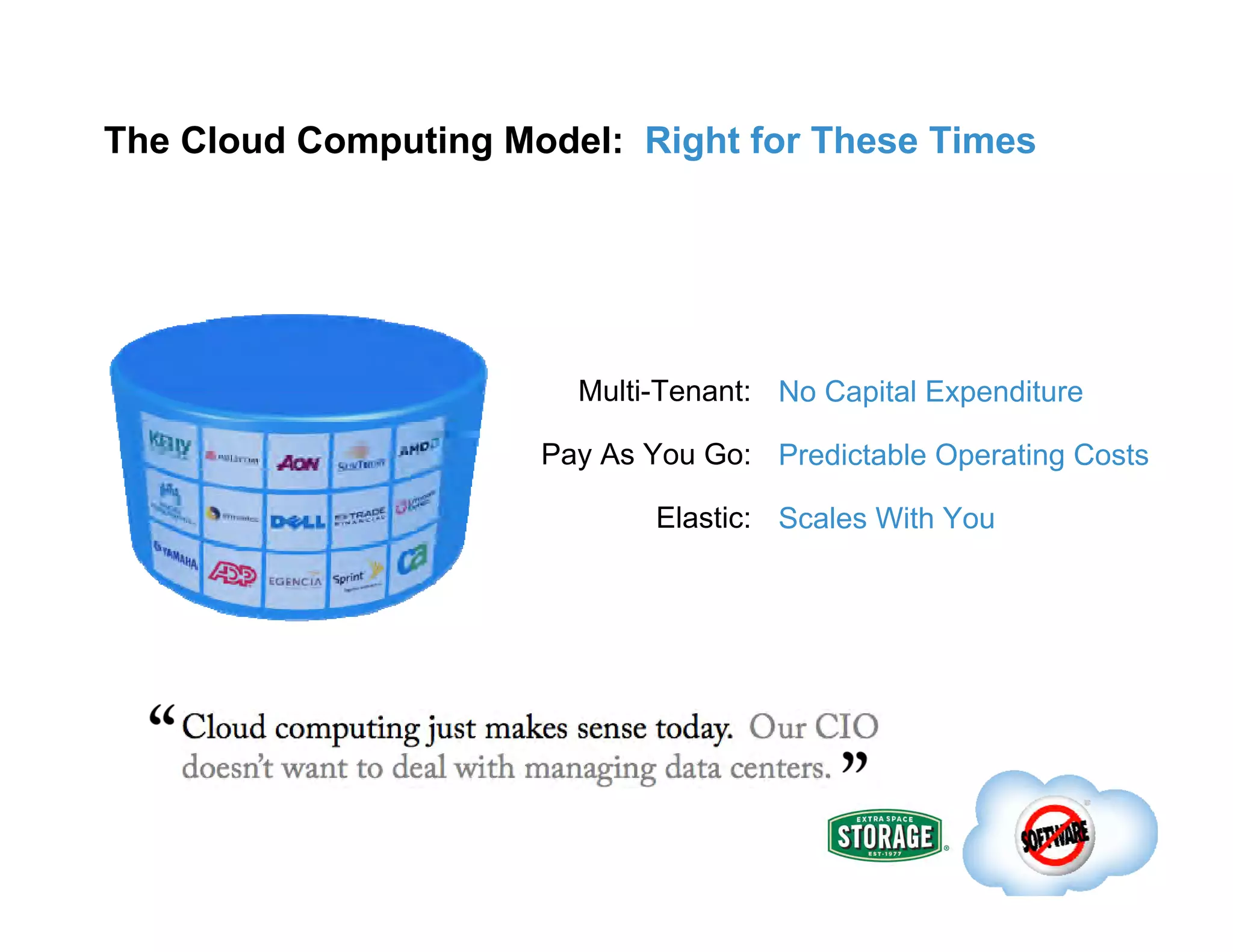 The Cloud Computing Model:  Right for These Times Multi-Tenant: Pay As You Go: Elastic: No Capital Expenditure Predictable Operating Costs Scales With You 