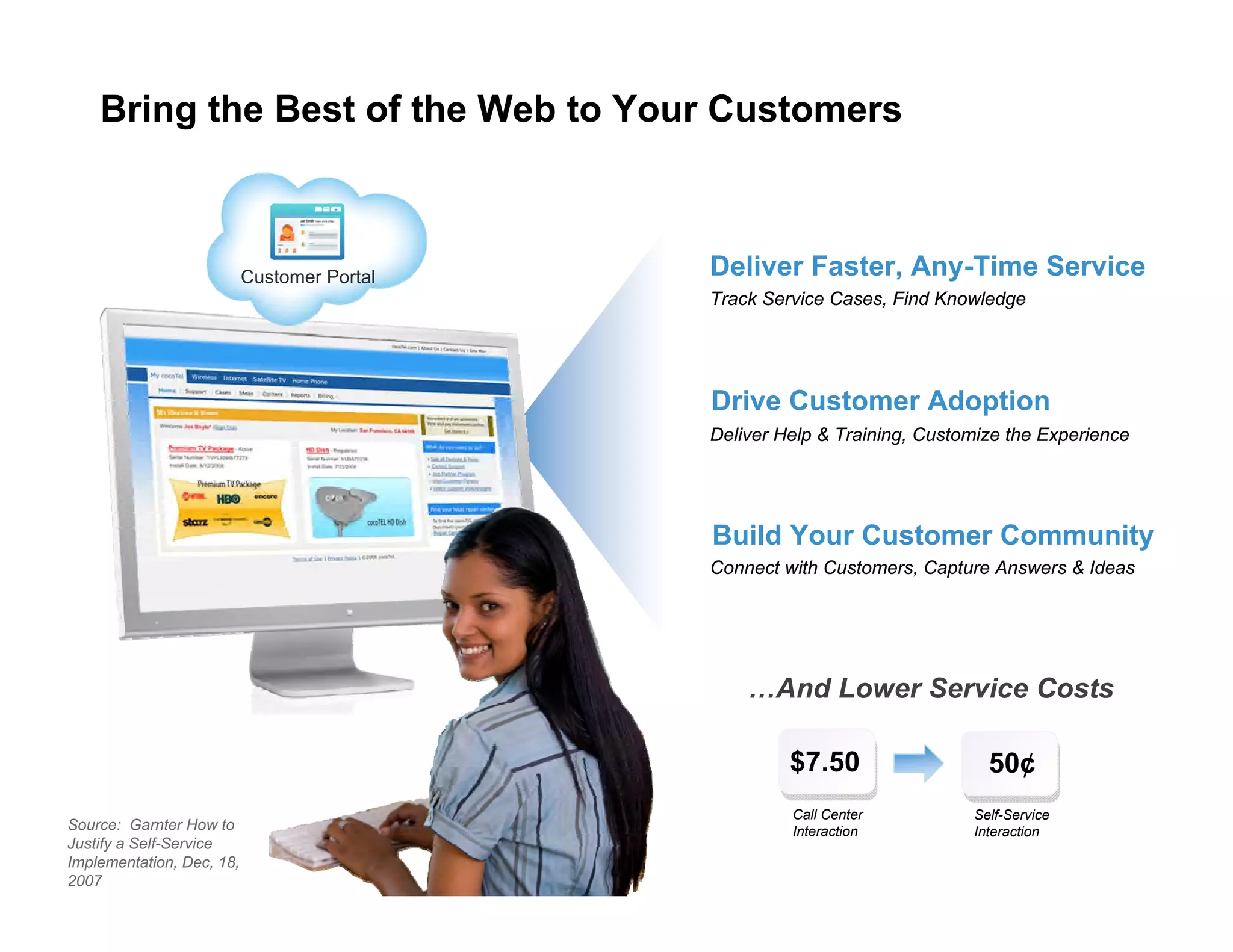 Bring the Best of the Web to Your Customers Track Service Cases, Find Knowledge … And Lower Service Costs Deliver Help & Training, Customize the Experience Connect with Customers, Capture Answers & Ideas Deliver Faster, Any-Time Service Drive Customer Adoption Build Your Customer Community $7.50 50¢ Call Center  Interaction Self-Service Interaction Source:  Garnter How to Justify a Self-Service Implementation, Dec, 18, 2007 Customer Portal 