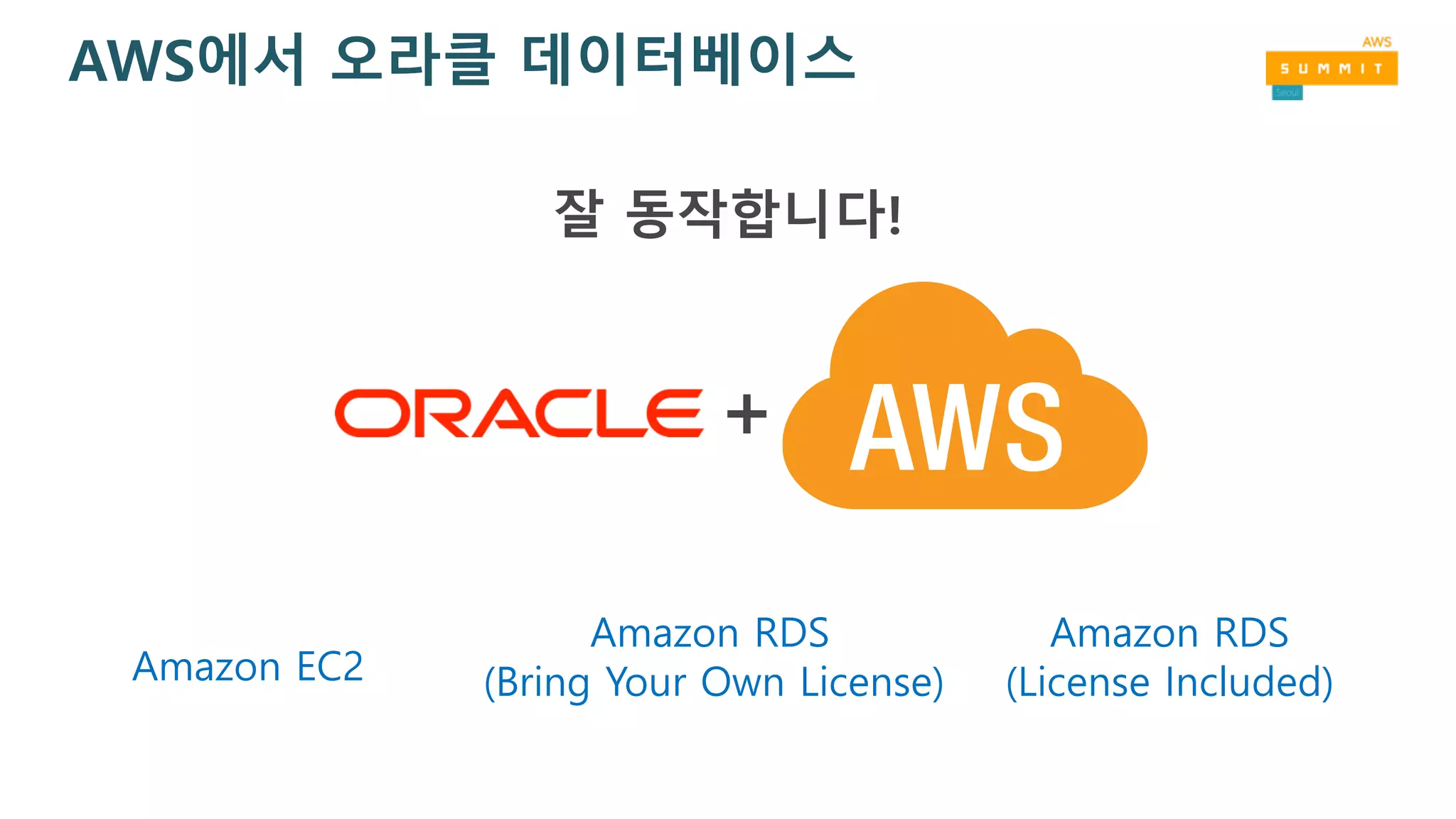 AWS에서 오라클 데이터베이스
Amazon EC2
Amazon RDS
(Bring Your Own License)
Amazon RDS
(License Included)
잘 동작합니다!
+
 