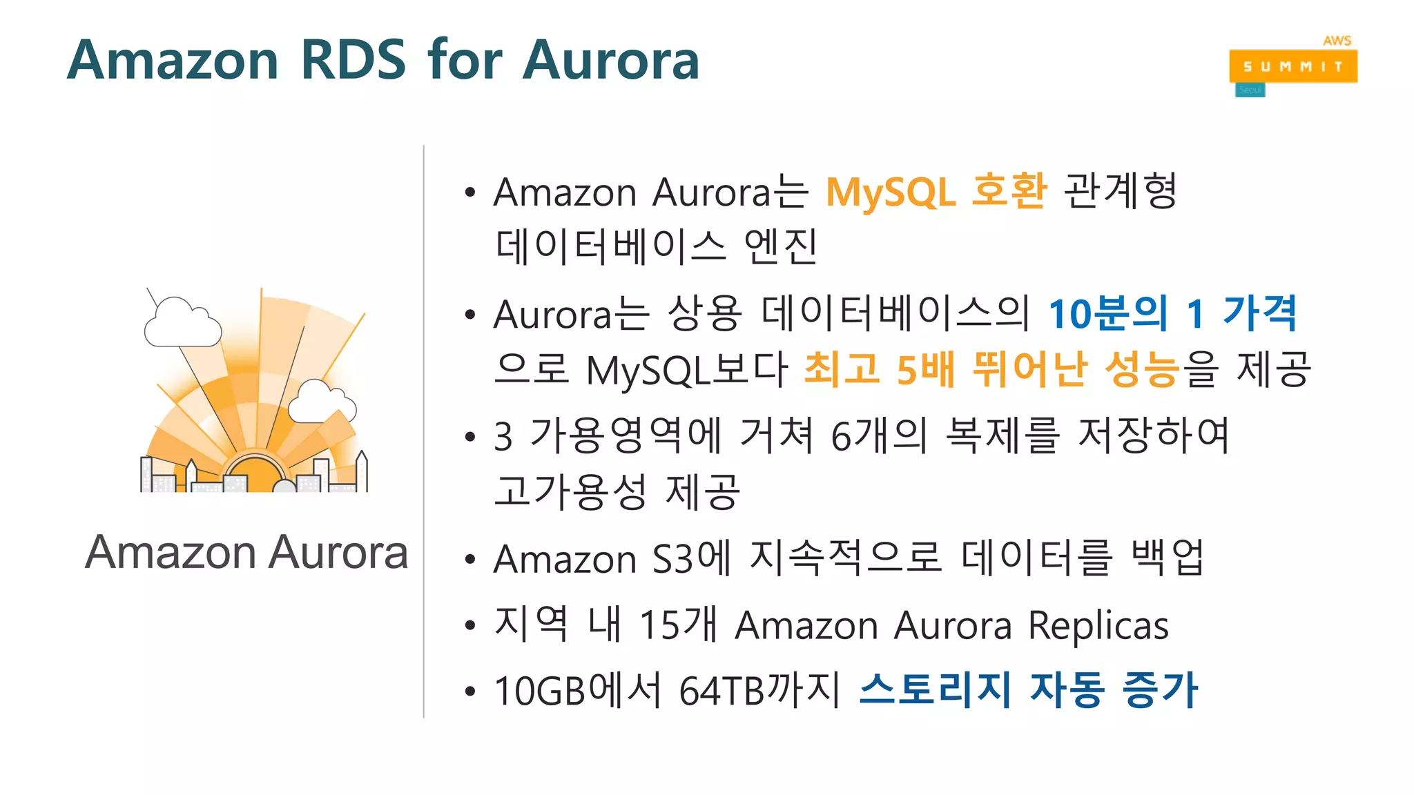 Amazon RDS for Aurora
• Amazon Aurora는 MySQL 호환 관계형
데이터베이스 엔진
• Aurora는 상용 데이터베이스의 10분의 1 가격
으로 MySQL보다 최고 5배 뛰어난 성능을 제공
• 3 가용영역에 거쳐 6개의 복제를 저장하여
고가용성 제공
• Amazon S3에 지속적으로 데이터를 백업
• 지역 내 15개 Amazon Aurora Replicas
• 10GB에서 64TB까지 스토리지 자동 증가
Amazon Aurora
 