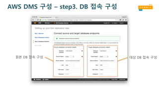 AWS DMS 구성 – step3. DB 접속 구성
원본 DB 접속 구성 대상 DB 접속 구성
 